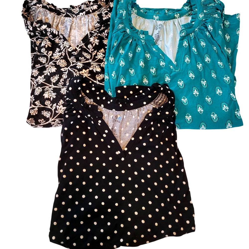 Croft & Barrow Womens 1X Plus Lot of 3 Floral Polka Dot Teal Knit V-Neck Tops